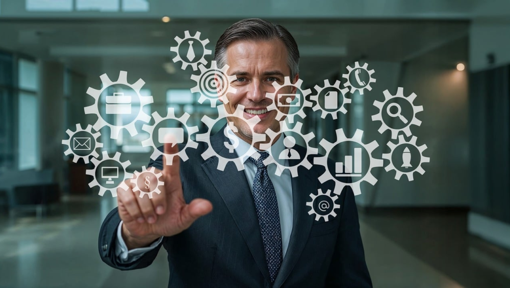 businessman, confident, smiling, pointing, professional, suit, tie, office, corridor, corporate, gesture, interaction, leadership, success, technology, management, executive, communication, happy, presentation, ai generated