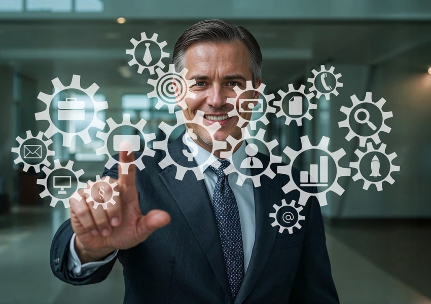 businessman, confident, smiling, pointing, professional, suit, tie, office, corridor, corporate, gesture, interaction, leadership, success, technology, management, executive, communication, happy, presentation, ai generated