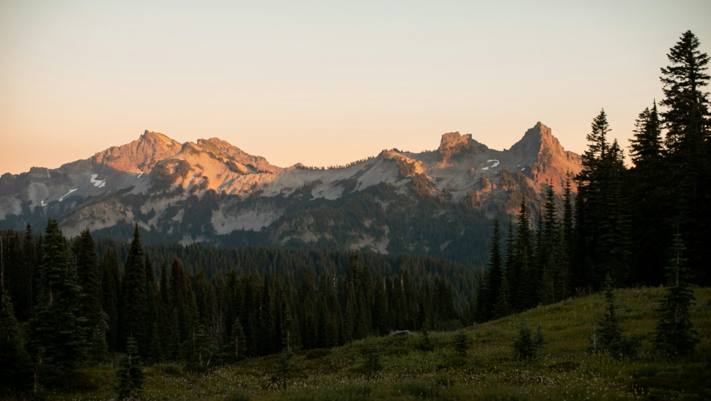 Mountain peaks illuminated by the setting sun