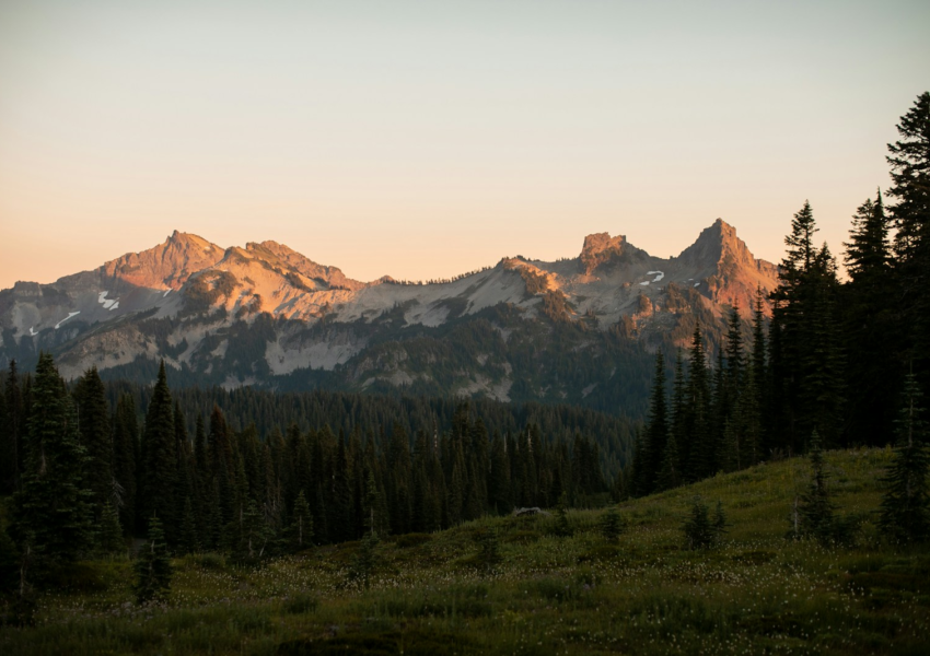 Mountain peaks illuminated by the setting sun